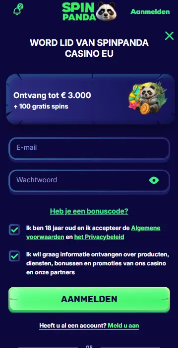 Registratie bij Spin Panda app