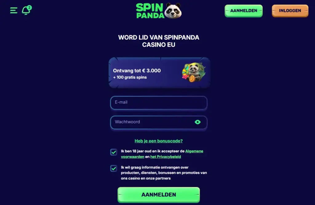 Registratie vóór het Spin Panda login